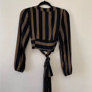 Long Sleeve Cropped Tie Up Blouse with Deep-V